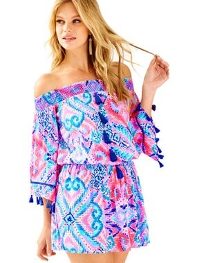 Lilly Pulitzer Joelle Multicolor Off-Shoulder Romper in Coral, Aqua & Navy